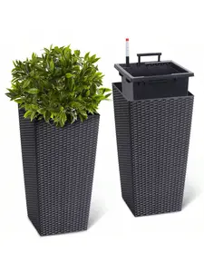 【Christmas Gift】23" Tall Planters Set Of 2, Outdoor&Indoor Planter Pots, Automatic Watering,High Front Porch Planter Pots With Drainage Holes&Water Level Monitor&Inner Bucket, Convenience Instill, Brown/Black Patio Home