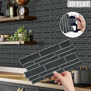 12/24/48PCS XY-HTP Black Long Brick Peel and Stick Tile Stickers, PVC Crystal Film Waterproof Self-Adhesive Wall Decor for Kitchen & Bathroom