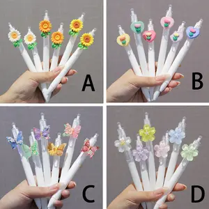 6pcs Floral Gel Pens, Set with Pen, Retractable Rollerball Pens with Elegant Flower Design, Black Ink, Smooth Writing for Home, School, Office, Birthday Party Gifts