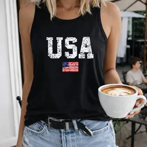 USA Flag & Letter Print Casual Women Tank Top, Round Neck, Regular Fit, Non-Stretch, Daily Wear, Halloween Style, Womenswear Tanktop