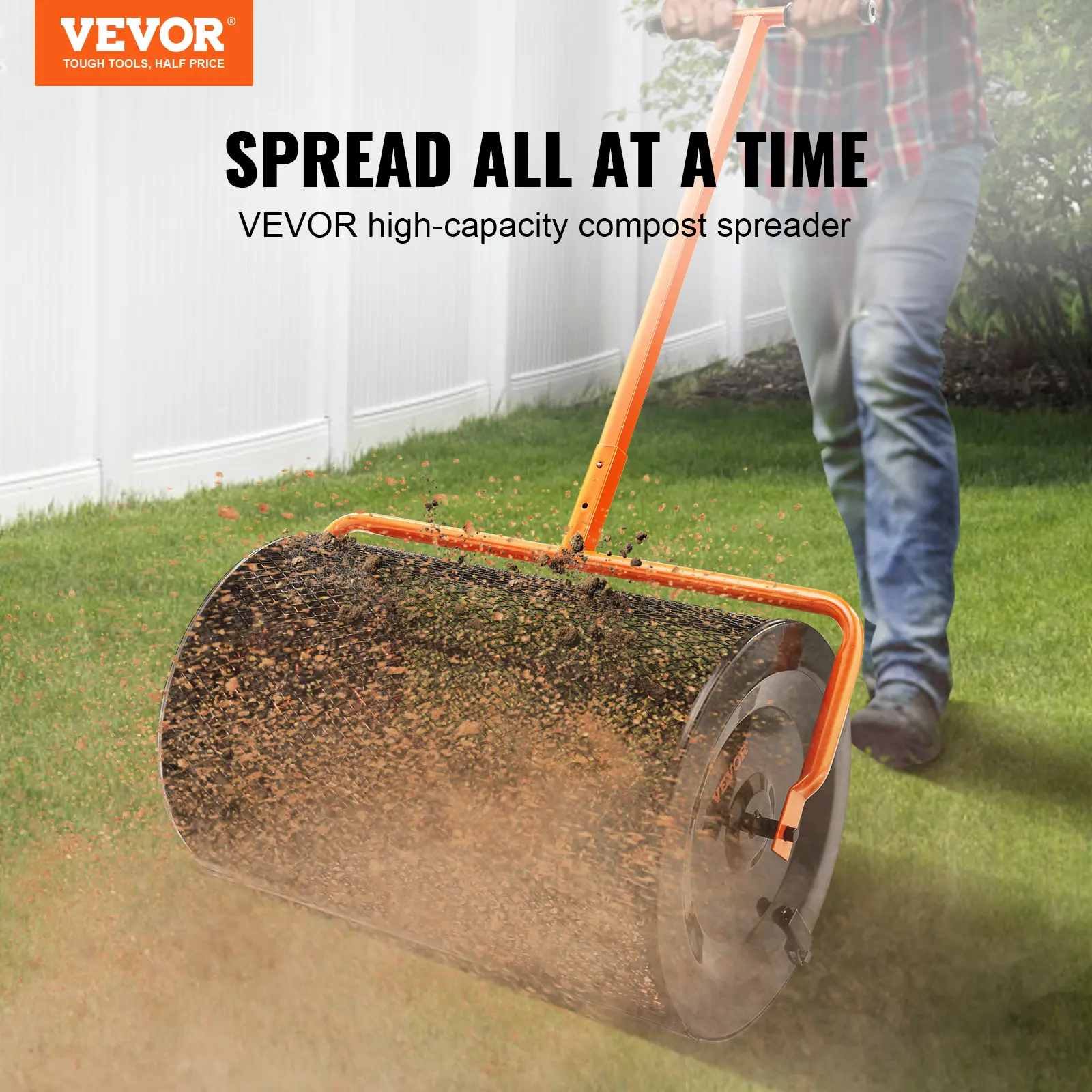 【summerfinds】VEVOR High-Capacity Garden Compost Spreader Tool, 24.4-25.6 in Height-Adjustable Handle, 24 in Wide Peat Moss Roller with Side Latches, Powder-Coated Steel Mesh Basket for Manure & Topsoil, Black (Father's Day Gift for Flowers Care), Comf