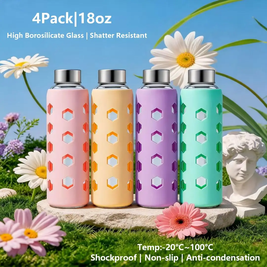 Mrsdry 4-Pack 18oz Glass Water Bottles & Aesthetic Tumblers with Silicone Sleeves - TikTok Viral BPA-Free Leak-Proof Cups in 4 Pastel Colors for Iced Coffee, Cold Brew & Smoothies, Drop-Resistant Summer Gift for Her girl travel drinking jar