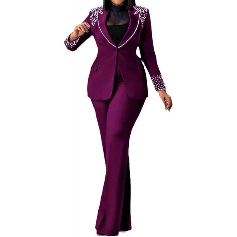 Womens Fashion Pants Suit Business Outfits Pearls Long Sleeve Blazer and Slim Fit Pants Sets maxi skirt Womenswear Casual Formal Ladies