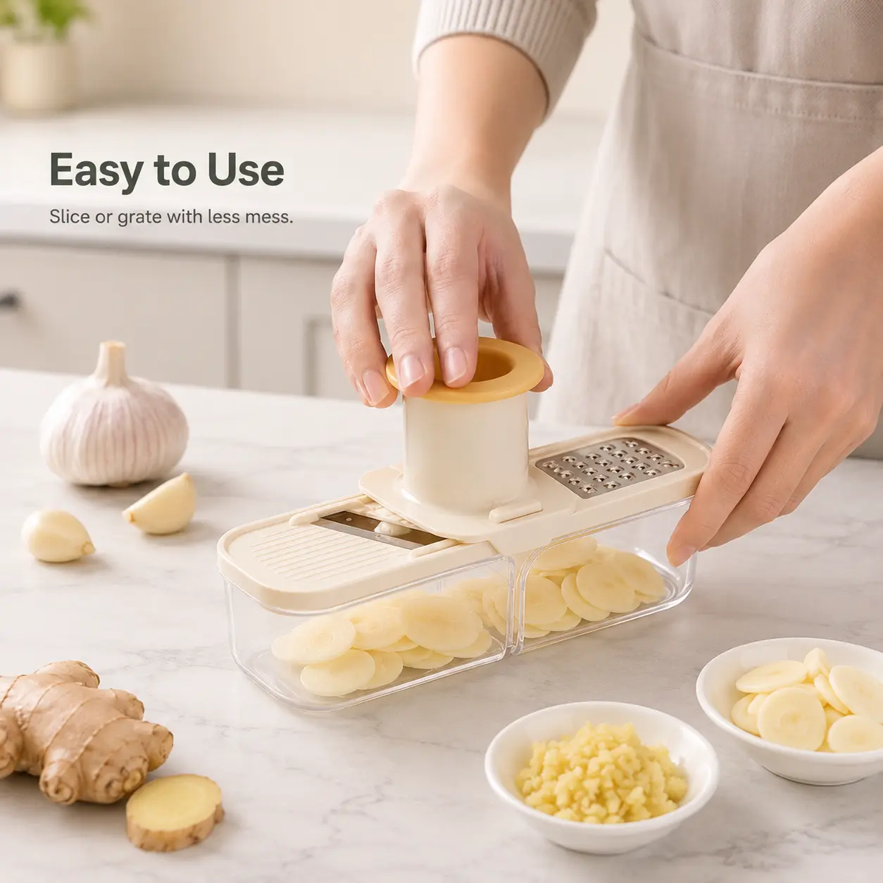 2-in-1 Garlic Slicer & Grater with Container, Stainless Steel Kitchen Mandoline with Safe Food Pusher, Compact Manual Garlic and Ginger Cutter for Slicing, Grating & Mincing