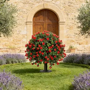 1-Piece Boxwood Leaf Pruned Ball Tree Artificial Shrub, 23.6-inch Garden Decor Ground Insert with Red Flowers, Suitable for Outdoor Gardens, Front Porch, Window Boxes, and Indoor Decor