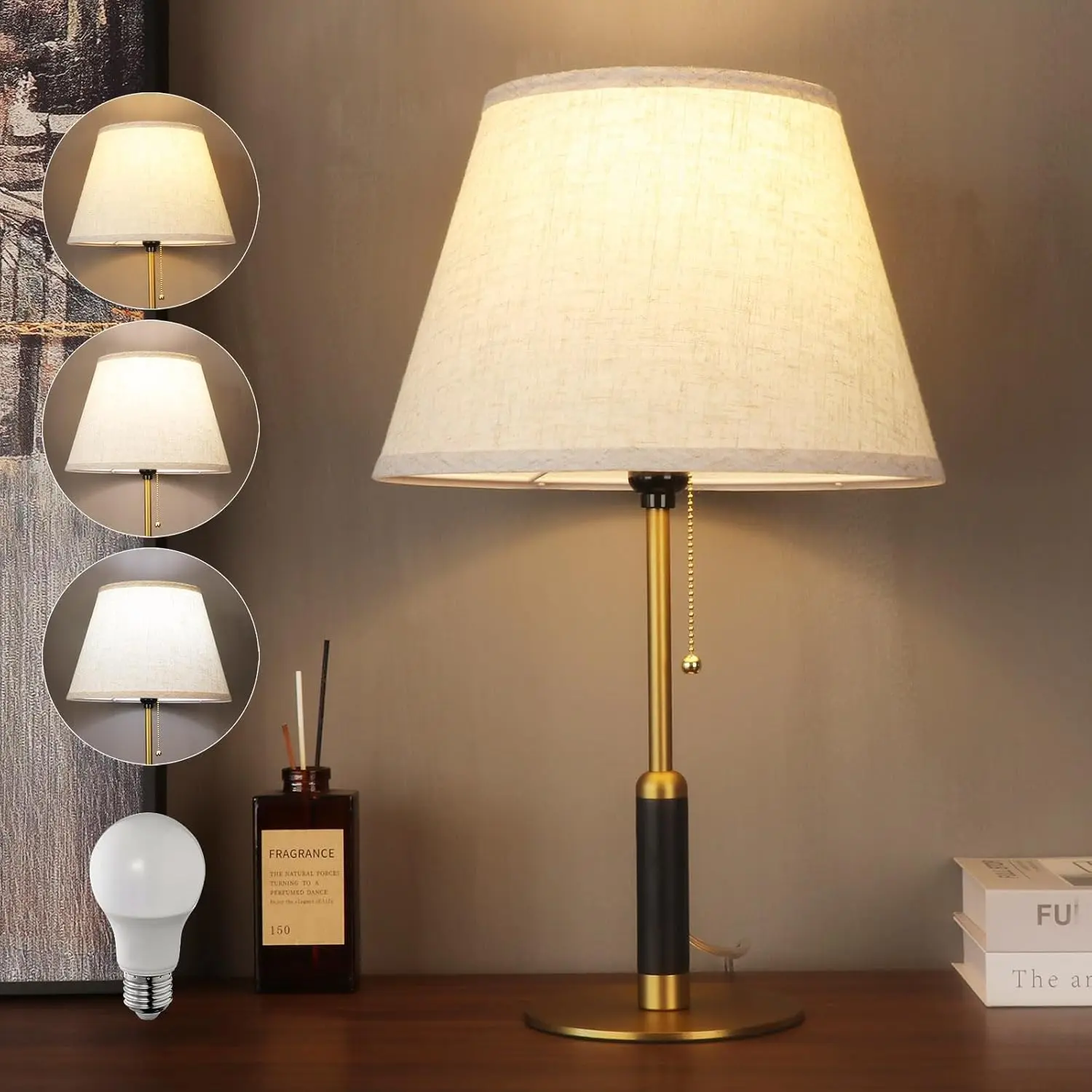 21" Modern Bedside Lamp Mid Century Table Lamp, Pull Chain Nightstand Lamp for Bedroom Living Room 3-Color Light, Solid Wood/Metal/Fabric for Home/Office/Desk Decor (Light Brown+Brass)
