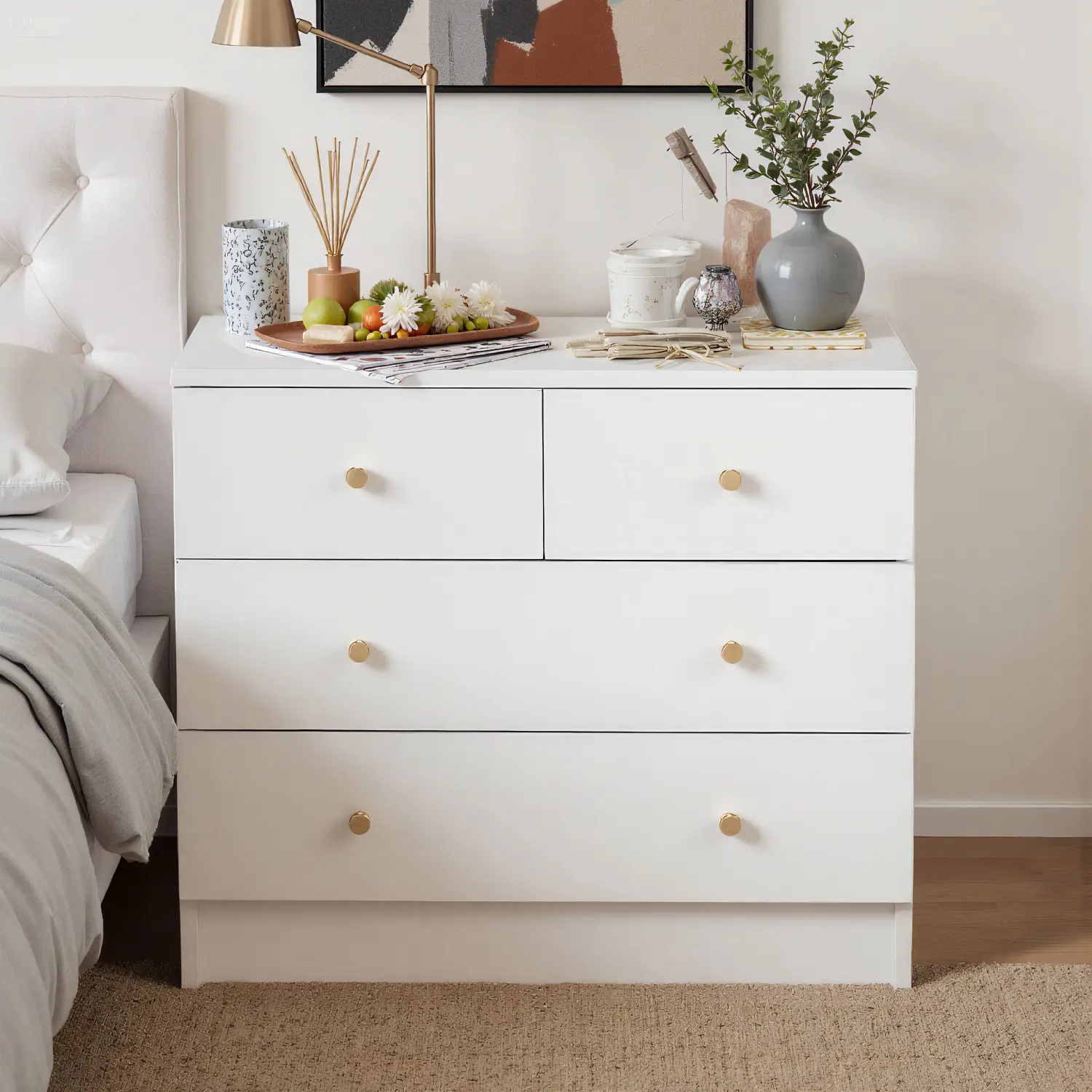 Spaco White Textured Triamine-Coated Particleboard 4-Drawer Chest of Drawers - Sturdy Cabinet Bedroom Furniture, 3-Tier Modern Neutral Unit with Matte Gold Accents, Sliding Door Cupboard for Indoor Storage (Over 25 kg)