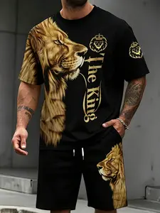 Men's 2-Piece Set The King Lion Print T-Shirt & Shorts Summer Casual Tracksuit