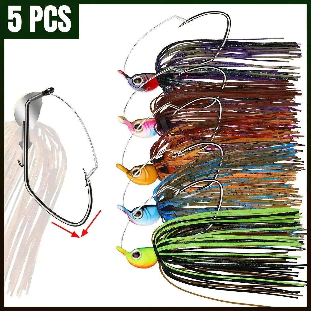 Dovesun Weedless Bass Jigs with Treble Hooks - 1/4oz & 3/8oz Swim Jigs Fishing Lure Kit, 5pcs Set for Bass, Pike, Bass Jig Lures, Fishing Gear Accessories