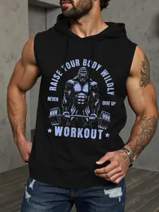 Mens Gorilla Graphic Hooded Tank Top, Never Give Up Motivational Sleeveless Gym Hoodie, Muscle Cut Workout Vest, Breathable Stretch Bodybuilding Activewear for Weightlifting, Workout Sportswear, Fitness Apparel