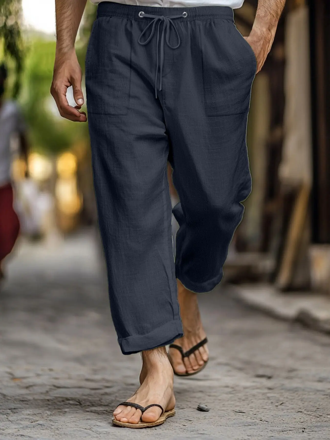 Men's simple linen yoga sweatpants, casual comfy sweatpants, Casual sweatpants style, beach loose and casual elastic belt with drawstring pockets, fashionable design, comfortable for daily wear, essential item for men's wardrobes