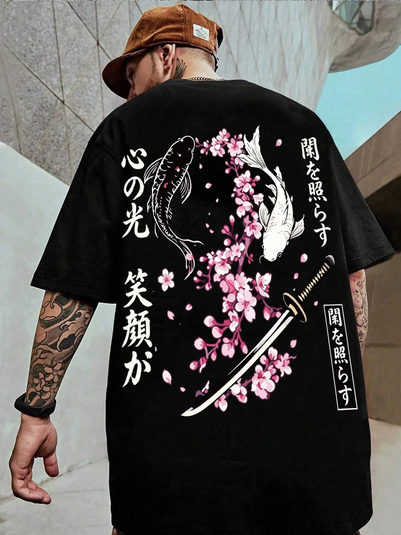 Men's Japanese Street Style Round Neck T-Shirt, Yin Yang Koi and Samurai Sword Print, Harajuku Baggy Loose Fit Short Sleeve Fashion Tee, Unisex Casual Top, Menswear Streetwear