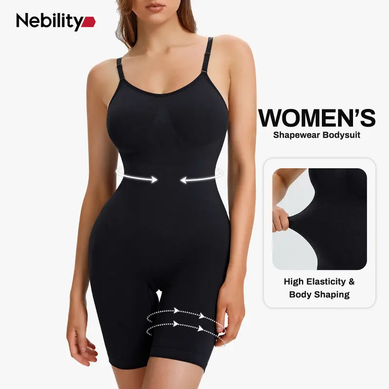 [Live Now] Nebility Women's Seamless V-Neck Bodysuit Shapewear - Full Body Stretchy & Breathable Faja, Tummy Control Compression, Basic Black Minimalist Womenswear Black(Upgraded)