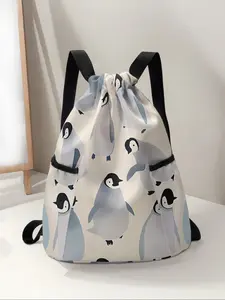 Penguin Print Drawstring Backpack, Large Capacity Durable Gym Bag, Adjustable Shoulder Straps, Casual Travel Hiking Camping Bag, Outdoor Sports Bag