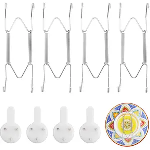 4 Pack Stainless Steel Invisible Heavy-Duty Wall Plate Hangers, Suitable for 6-8 inch Art Plates, Wire Plate Holder with Wall Hooks for Displaying Decorative Plates Dishes Platters, Silver