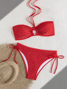 Boho Style High Elasticity Tie Back Bikini Set, Sexy Sparkle Swimsuit for Women, Backless Design, Halter Top & Backless Bottoms, Perfect for Vacation Beachwear