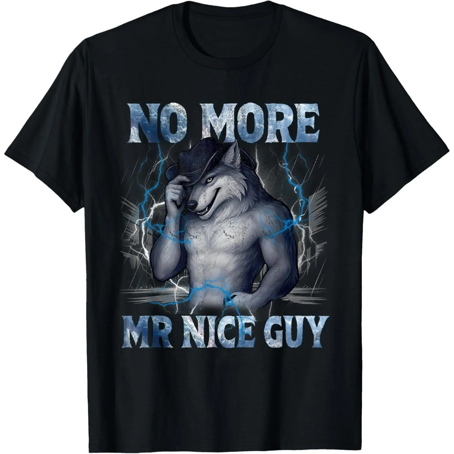 Men's Short-Sleeve Round Neck T-Shirt with Alpha Wolf 'No More Mr Nice Guy' Graphic, Casual Streetwear Sports Top for Brainrot Humor Meme Lovers, Regular Fit, Standard Sizes, Bold Text, Shortsleeve