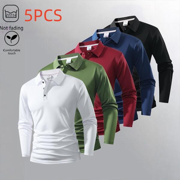 Men's 5 Pieces Pack Long Sleeve Polos Quick Dry Breathable Wrinkle Free Business Casual Turn Down Collar Tees in Multiple Colors