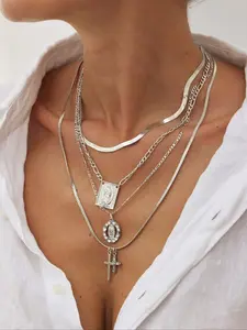 Bohemian Style Metal Cross Pendant Necklace Set, Vintage Layered Design for Daily Wear & Parties, Unisex Religious Symbol Jewelry, Boho Style Jewelry