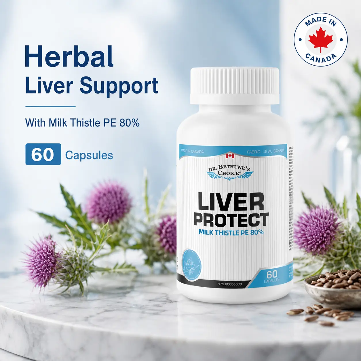 Dr. Bethune's Choice Liver Protect Supplement with Milk Thistle PE 80%, Artichoke, Dandelion, Yarrow & Burdock, Daily Liver Wellness Support, 60 Capsules