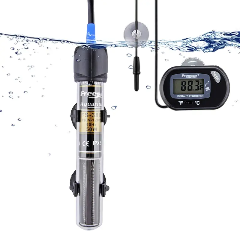 FREESEA 100 Watt Aquarium Fish Tank Heater with Aquarium Submersible Thermometer Marine Aquarium Heater with LED Controller Submersible Quartz Submersible Aquarium Super Mini Stainless Steel
