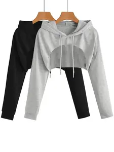 2026 Ladies Clothes for All Seasons,Women's Solid Drawstring Drop Shoulder Crop Hoodie, Casual Long Sleeve Hooded Sweatshirt for Daily Wear