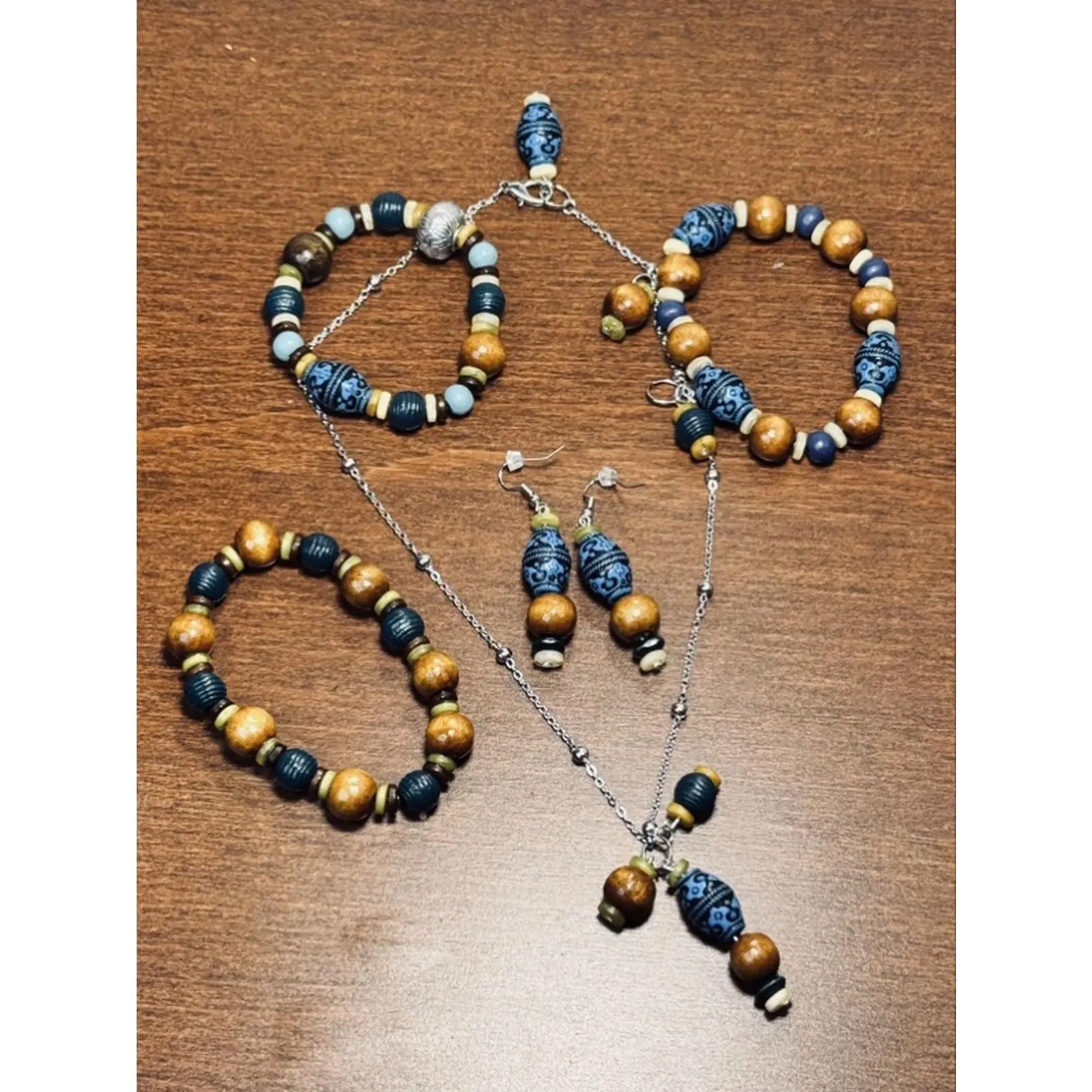 Fashion Boho Cobalt Blue Jewelry Set | 5pc Upcycled Wood & Glass Capsule Collection | Sterling Silver Adjustable Necklace, Earrings & Stackable Bracelets Elegant All-match