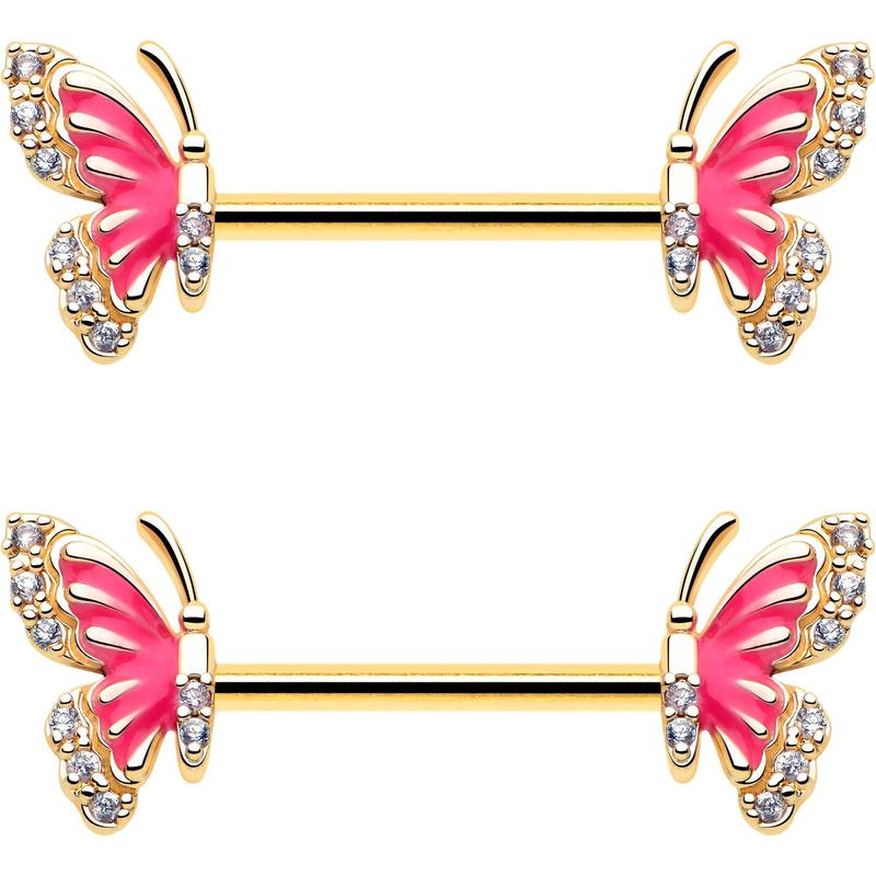 14G 9/16 Clear CZ Gem Gold Tone Butterfly Pink Splash Barbell Nipple Ring Set