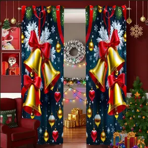 2 PCS Christmas Door Curtain Set, Bell Pattern Polyester Fiber C-Shape Ring Curtains, Soft Thick Durable Fabric for Living Room Bedroom Home Office Decor, Home Decoration Curtain
