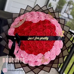 Eternal Rose Bouquet - Red Heart with Pink Roses, Black Wrapping