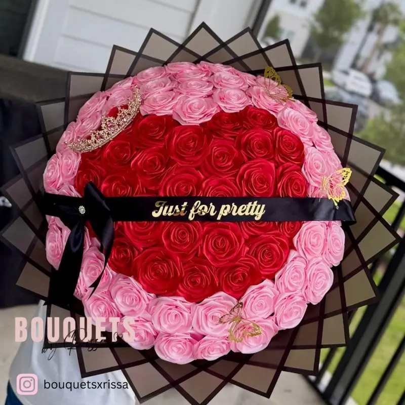 Eternal Rose Bouquet - Red Heart with Pink Roses, Black Wrapping