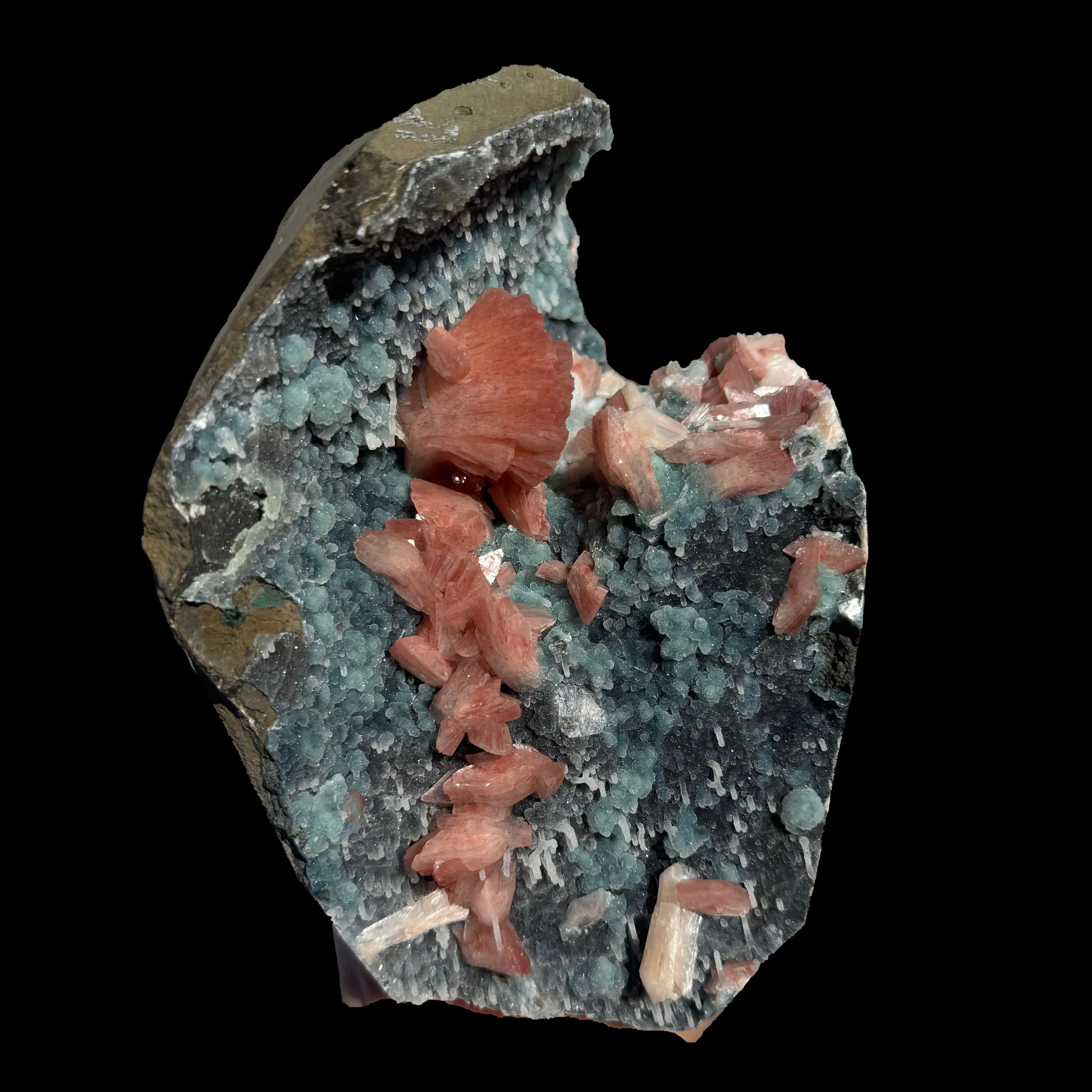 Salmon Red - Heulandite Clusters on Sparkling Grey Chalcedony Geode Matrix – Rare Indian Zeolite Mineral Specimen from Jalgaon # DKT131