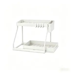 Double-Layer Under Sink Organizer for Efficiently Utilizing Space, High Capacity and Space Saving, 2 Tier Sliding Under Sink shelf with 4 Hooks and a Cup Slot