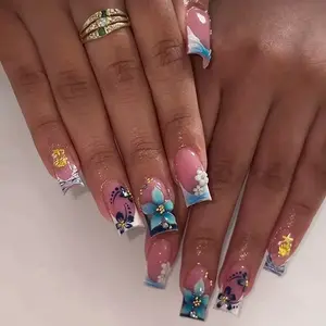 24pcs Square Nail Set, American Tropical Floral Style, Nude Base, Blue Wave French Design, Perfect for Beach Summer