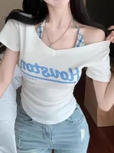 Women's Short Sleeve Knit Patchwork Halter Top, Casual Fashion Colorblock Two-Piece Design, Long Sleeve Slim-Fitting Fall & Winter Clothing, Womenswear