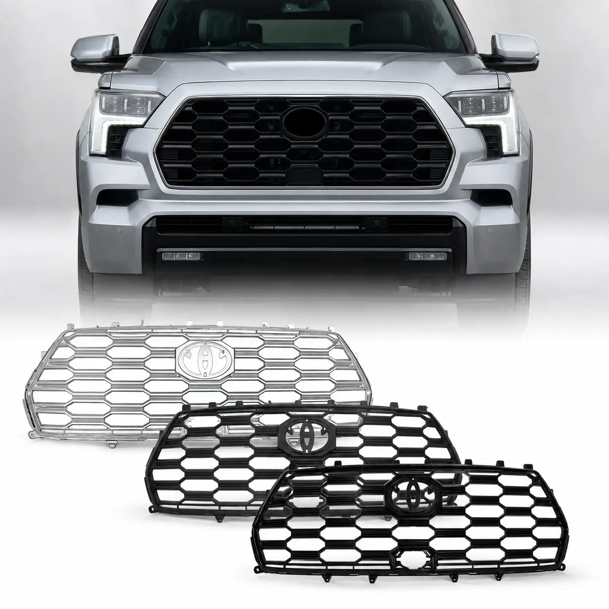 Honeycomb Front Bumper Grille For Toyota Sequoia Platinum Capstone 2023-2026, ABS Radiator Grill, Gloss Black Bright Chrome or Satin Aluminum, Direct Replacement