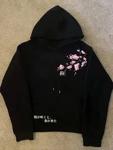 Men's Autumn Winter Fleece Hoodie, Long Sleeve, Fitted, Japanese Cherry Blossom Floral Print, Casual Geometric Pattern, Daily Wear, Social, Leisure Style, Aesthetic