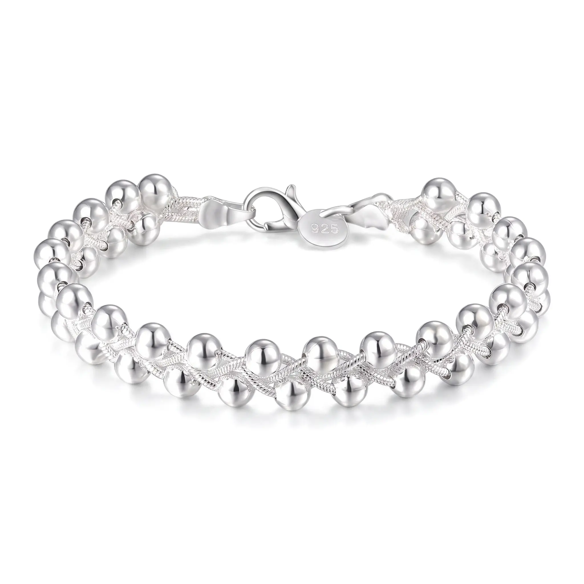 Female 925 Sterling Silver Woven Bead Bracelet - Handcrafted Mesh Silver Ball Chain, Secure Lobster Claw Clasp, Anti-Slip, Minimalist Elegant All Seasons Jewelry Gift for Birthday Daily Wear