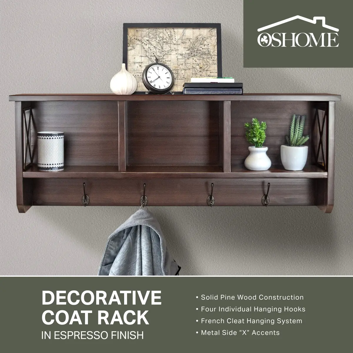 212 MAIN Industrial Wooden Wall Mount Coat Rack - 16x44x8in Espresso ...