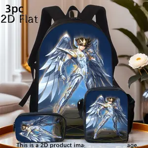 Durable Water Resistant 3-Piece Backpack Set for Kids, Lightweight School Bag with Lunch Box, Featuring Saint Seiya Pegasus Seiya God Cloth Full-Print, Starry Dark Blue Sky Background for Classic Japanese Anime Fans Daily School & Casual Use