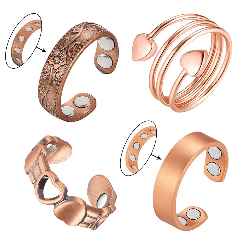 VICMAG 4pcs Pure Copper Magnetic Open Rings for Women, Handmade Minimalist Jewelry Set, Adjustable Expandable Daily Wear, Vicmag Trusted Brand Promise, Meaningful Gifts