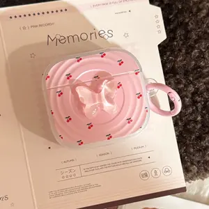 Cute Round Ring Cherry Ice Butterfly Full Cover Earphone Box + Hanging Loop, 1 Set, Fits AirPods 4th/3rd/pro/pro 2nd/1st