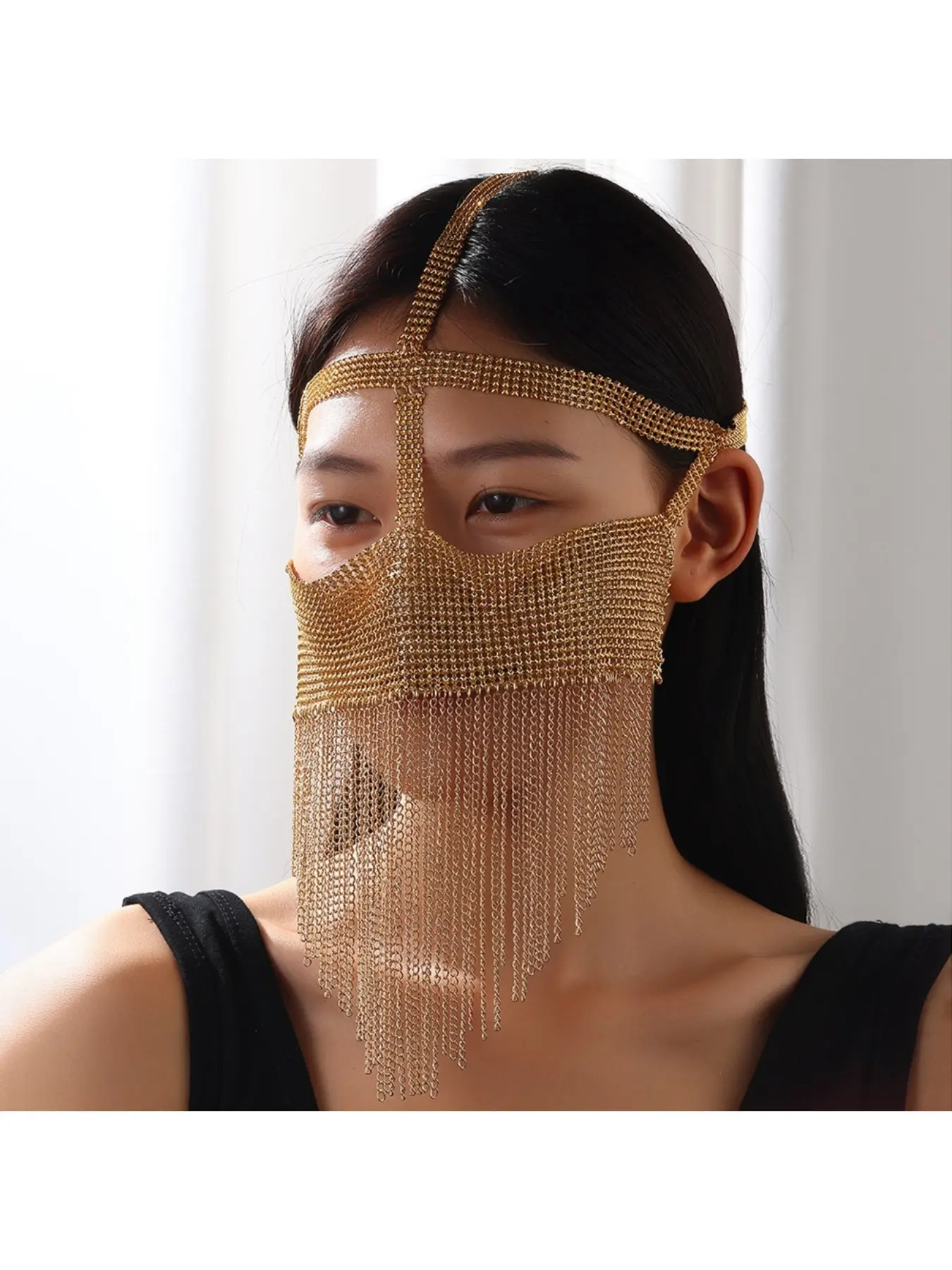 Cross-border new headwear, European and American popular golden shiny sequin chain tassel face chain face covering mask nightclub performance accessories