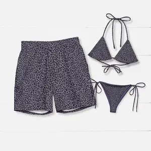 DEXTER Black Leopard Matching Couple Swimsuits Set, BF and GF Matching Swimsuits, BF and GF Swimsuits, Panther Pattern Printed Bikini Set for Women, Swimwear Set for Couples, Couple Trendy Bikini And Hawaii Short, Summer Beach Vacation Outfit