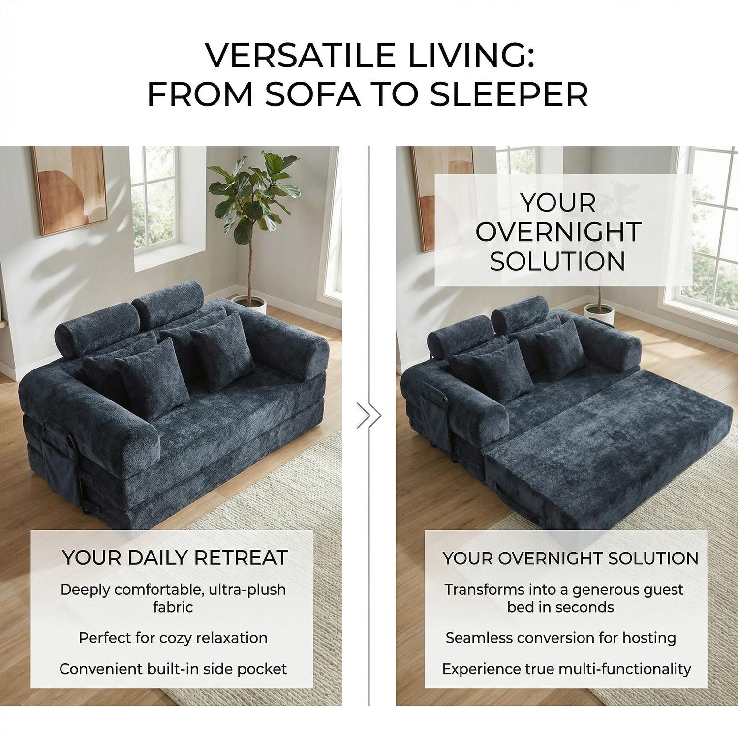 Large size double boneless convertible folding sofa bed with fixed shape frame and storage bag. Headrest design with pillow for dual comfort