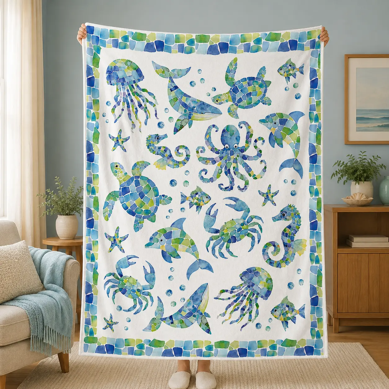 Marine Life Flannel Throw Blanket, Watercolor Mosaic Whales Sea Turtles Dolphins Jellyfish and Octopus Design for Couch Sofa Bed Napping Sleep Travel Beach Trips, Gift for Ocean Lovers Friends and Family