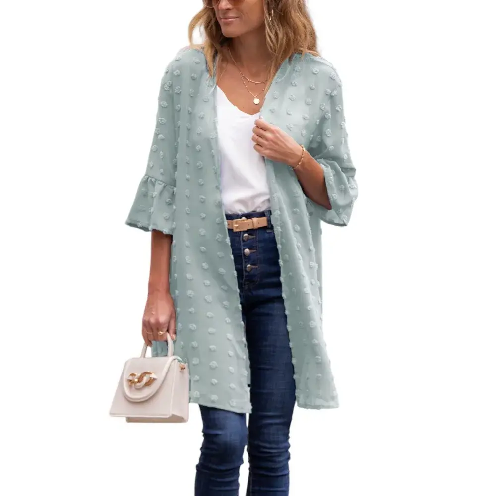 Amaryllis Women's Sheer Long-Sleeve Open-Front Dotted Swiss Duster Cardigan Lightweight Layering Piece - XX Large/XXX Large Sage