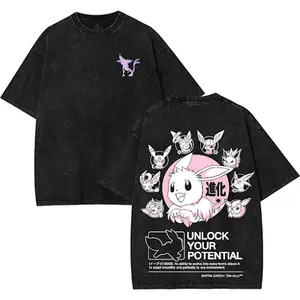 Unisex Vintage Washed Poketmon Eeveeee Unlock Your Potential T-Shirt – Oversized Streetwear Cotton Tee with Anime Inspired Shadow Monster Print – Retro Harajuku Style Loose Fit Short Sleeve Top for Men and Women