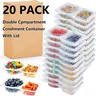 20-Pack Ready Double Compartment Disposable Condiment Containers with Lids, Kitchen Plastic Storage Containers, Portable for Outdoor Picnic & Travel Takeaway Dipping Sauce Storage
