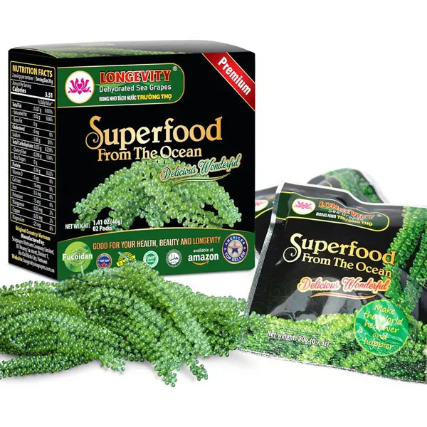 LONGEVITY Dehydrated Edible Sea Grapes Snack, 1.4 oz (Pack of 2, 40g), Umibudo Green Caviar Lato Seaweed, Clean Healthcare Option for Immune Support